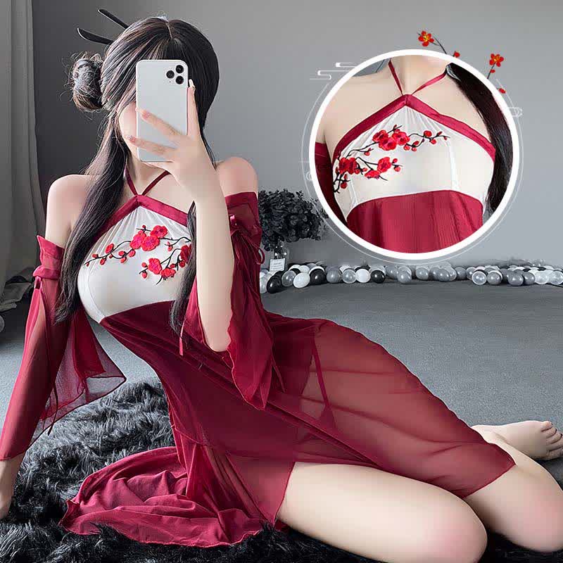 Blossom Embroidery See Through Halter Cheongsam Dress Lingerie