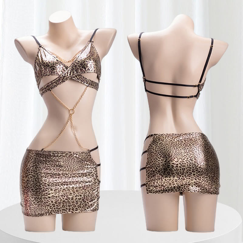 Sexy Leopard Print Halter Chain Backless Lingerie Dress