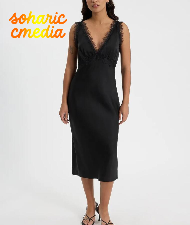 Lace Trim Satin V-Neck Sleeveless Midi Slip Dress