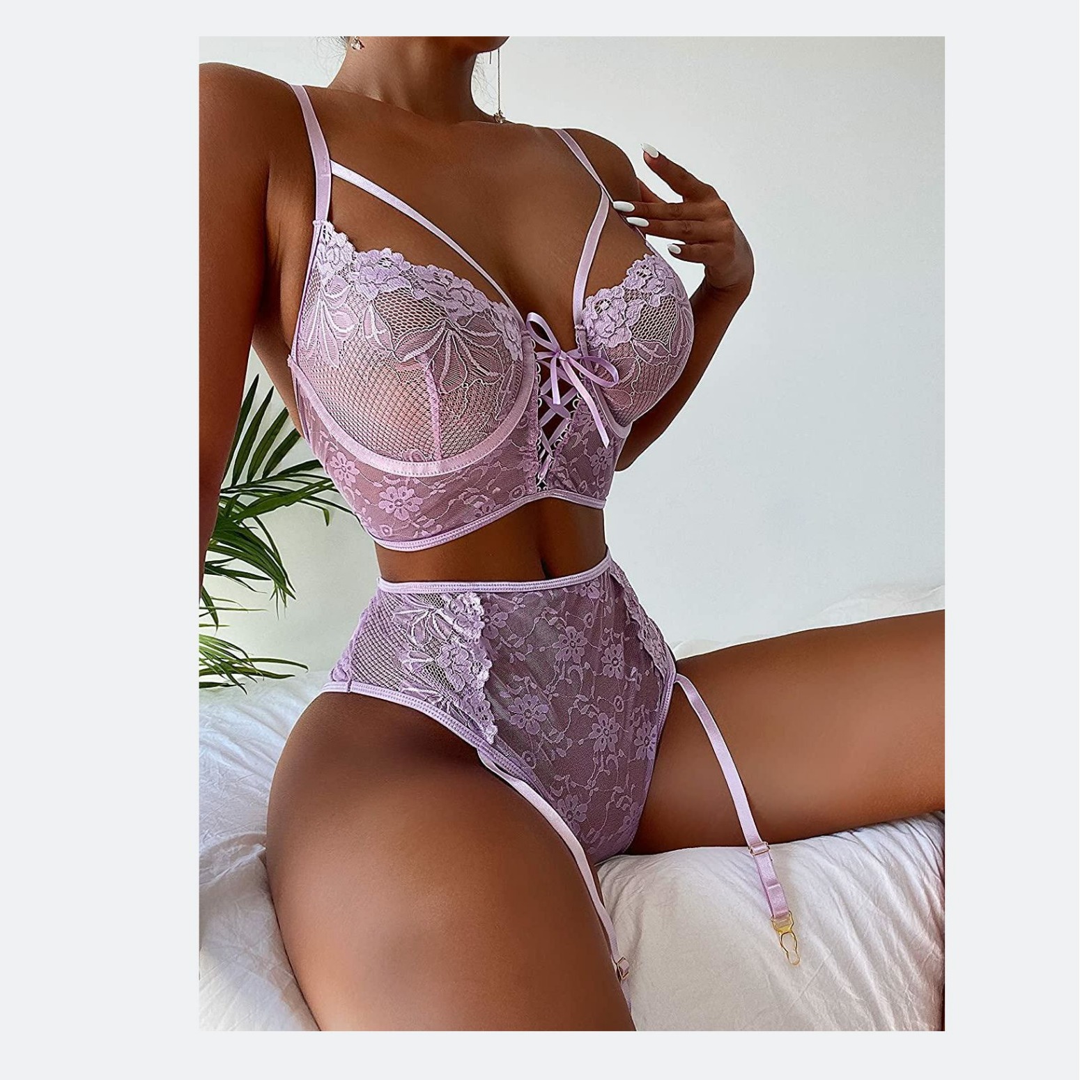 Ruffled Purple Mesh Gartered Lingerie Teddy