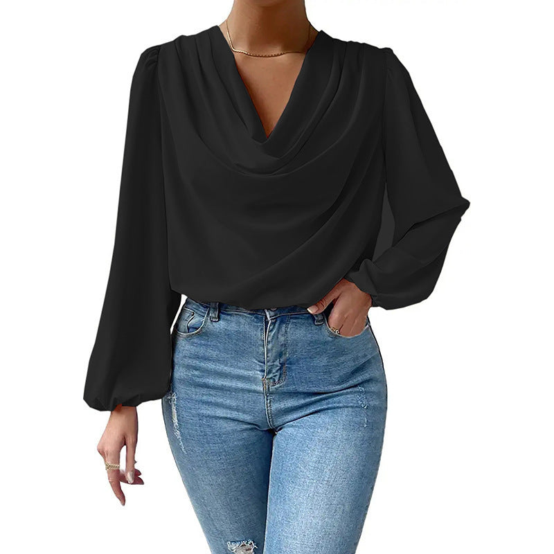 Summer Chiffon Draped V-neck Long-Sleeved Shirt, Loose Fit Top