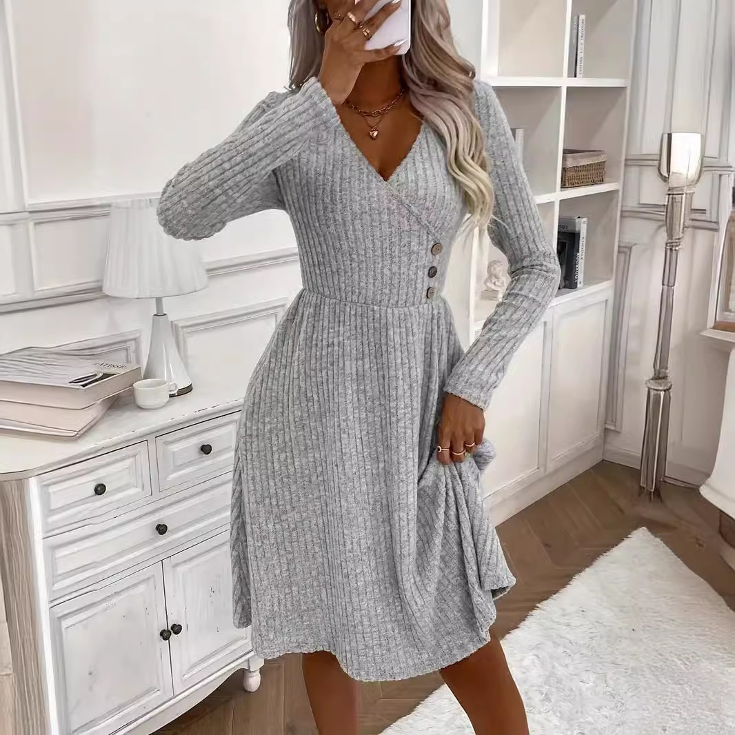 Autumn and winter fashion temperament solid color v-neck stitching sweater dress