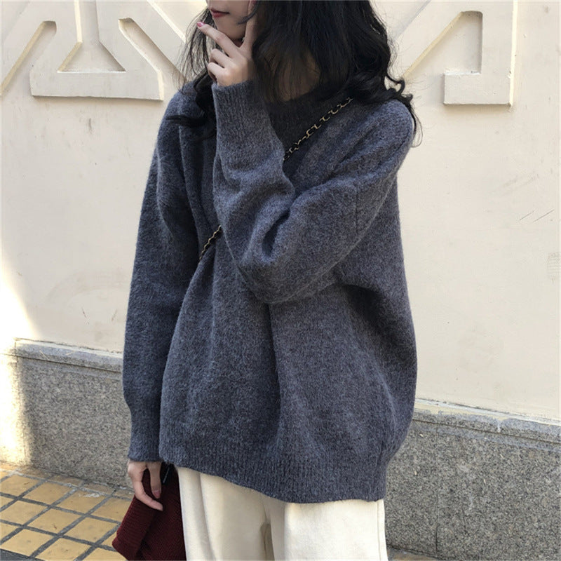 Women's Korean-Style Solid Color Round Neck Sweater
