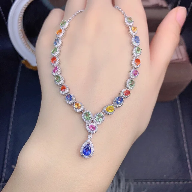 925 Sterling silver natural color sapphire necklace Jewelry Fire color good beauty women's luxury jewelry certified boutique