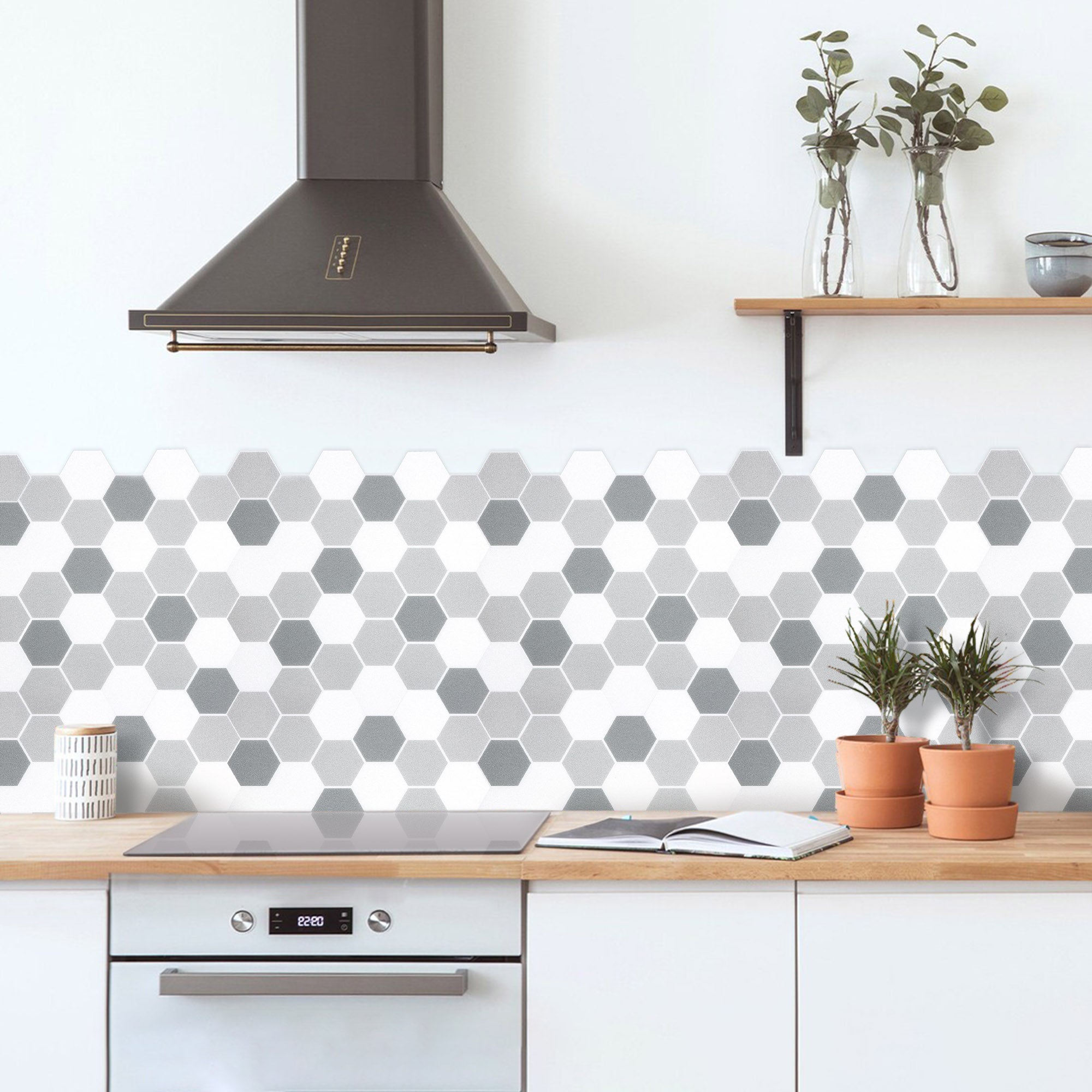 Grey and White Hexagon Peel and Stick Vinyl Floor Tile Sticker