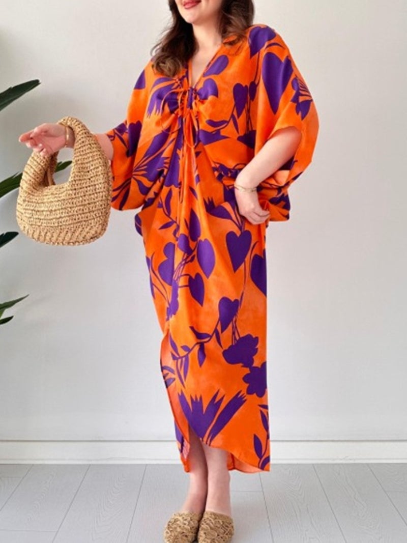 💃 FASHION PRINTED LOOSE BAT SLEEVES V-NECK DRAWSTRING DRESS