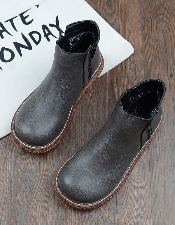 Smooth Leather Retro Wedge Boots