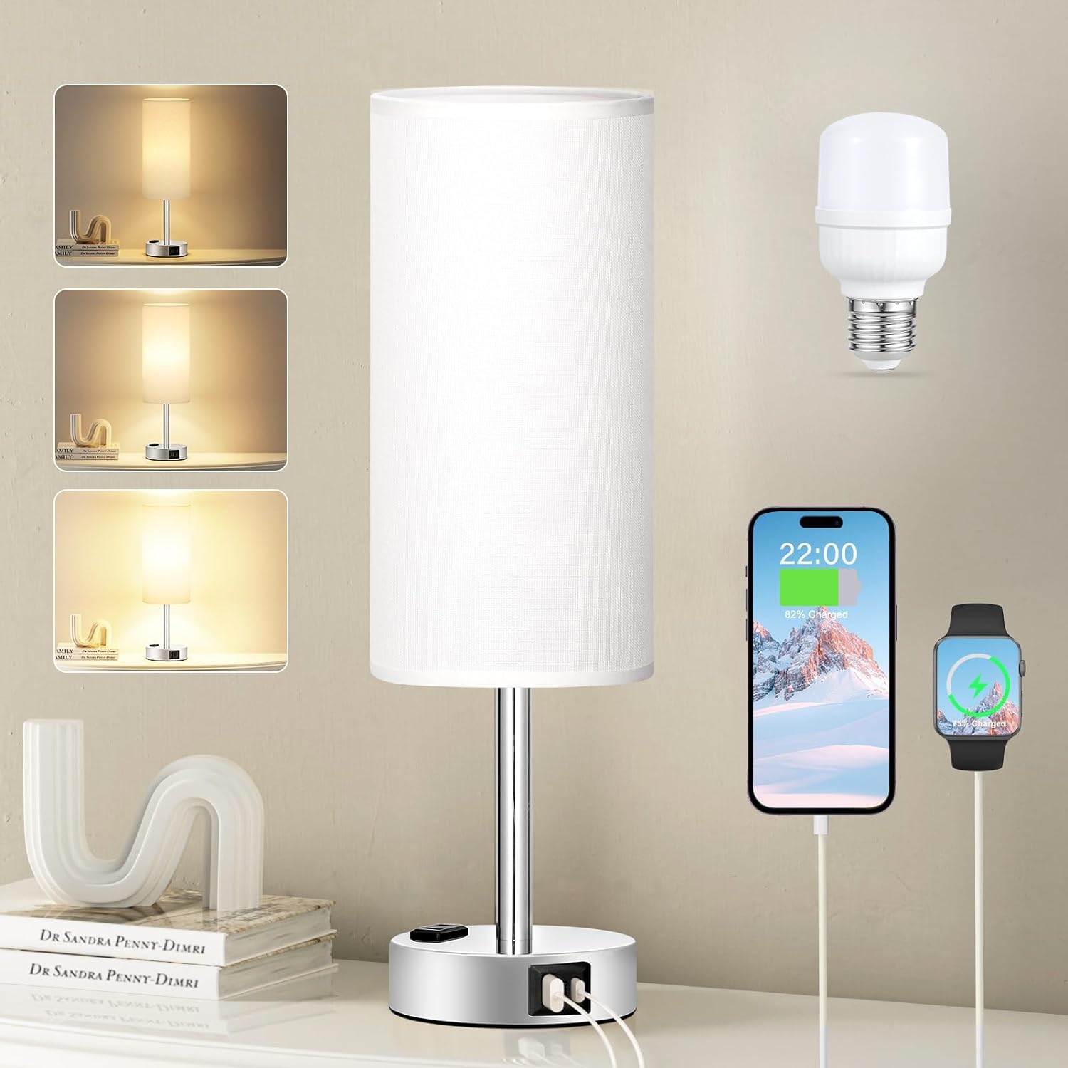 Bedside Table Lamp for Bedroom - 3 Way Dimmable Touch Lamp USB C Charging Ports and AC Outlet, Small Lamp Wood Base Round Flaxen Fabric Shade for Living Room, Desk, LED Bulb Included