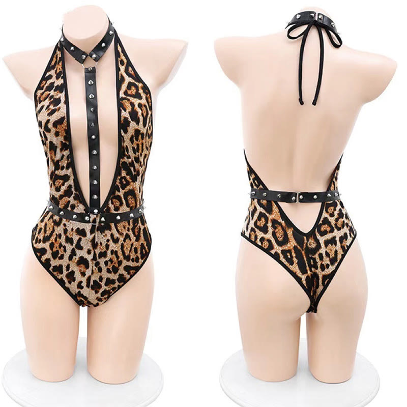 Leopard Print Hollow Out Backless Rivet Jumpsuit Lingerie
