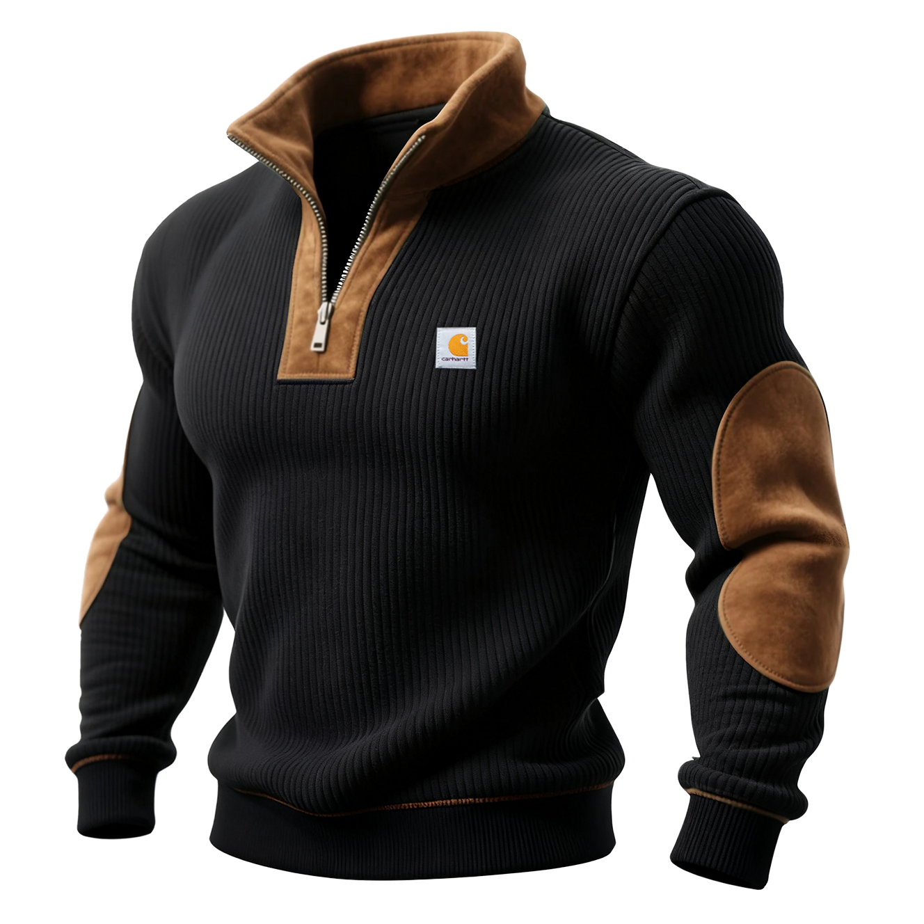 Men's Half-Zip Ribbed Pullover with Elbow Patches - Perfect for Casual and Outdoor Activities