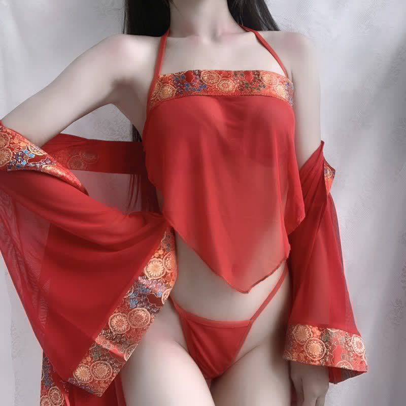 Vintage Han Costume Print See Through Lingerie Set