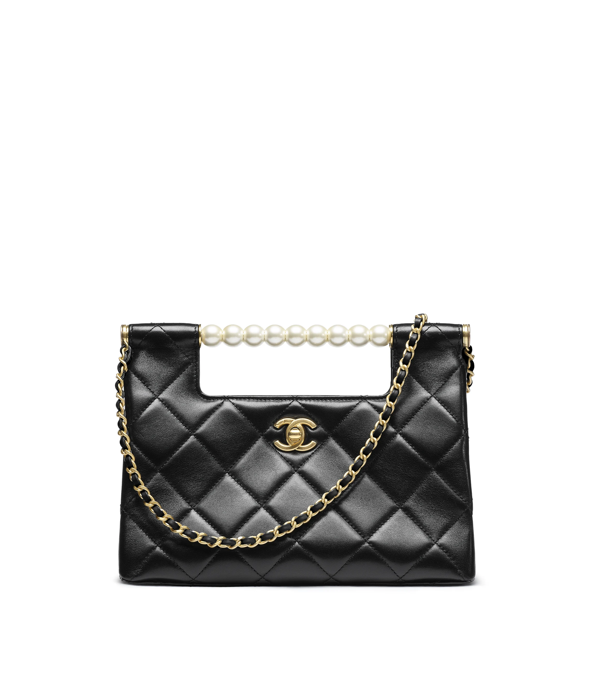 Chanel Small Shopping Bag Shiny Lambskin, Imitation Pearls & Gold-Tone Metal Black AS5413-B19658-94305
