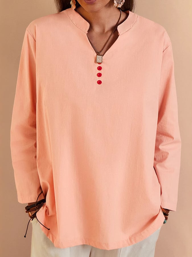 Women's V-Neck Long Sleeve Loose Button Design Casual Shirt