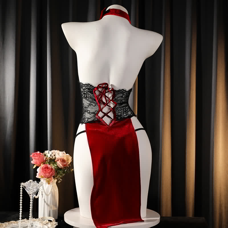 Rose Halter Sexy Lace Split Cheongsam Lingerie Dress