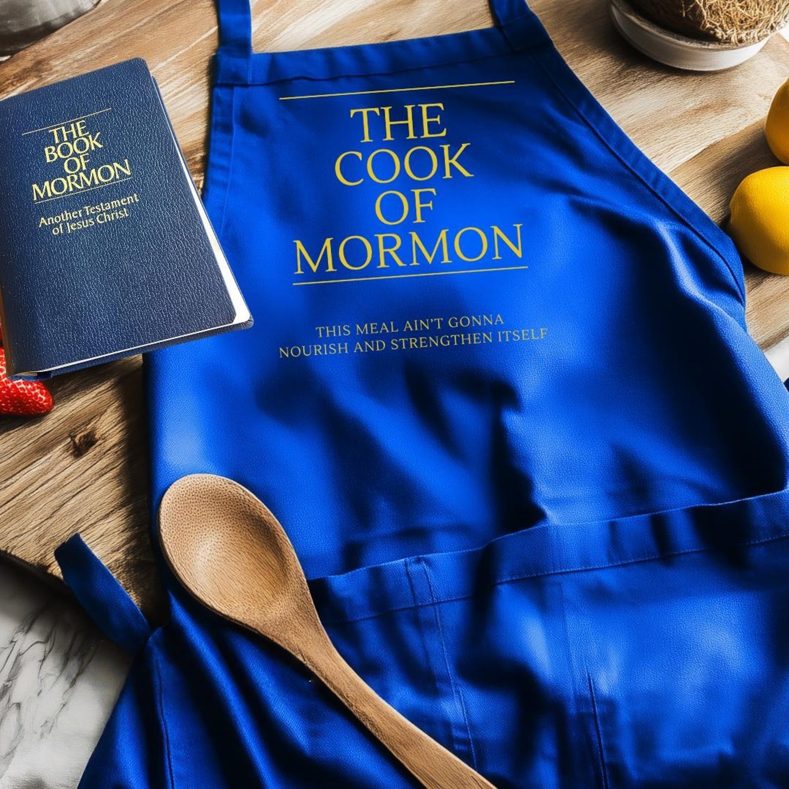 Funny LDS Cook of Mormon Apron in Book of Mormon Style