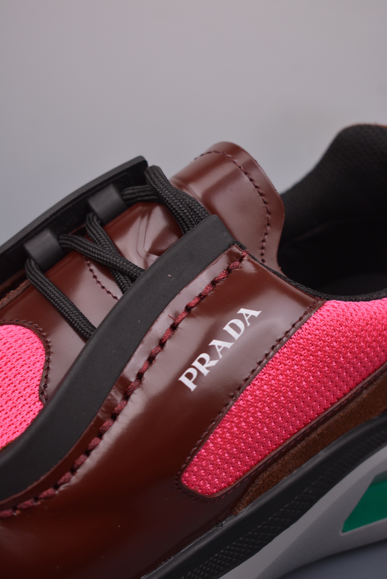 Prada Men's New Thick-soled Stitching Sneakers Burgundy Pink