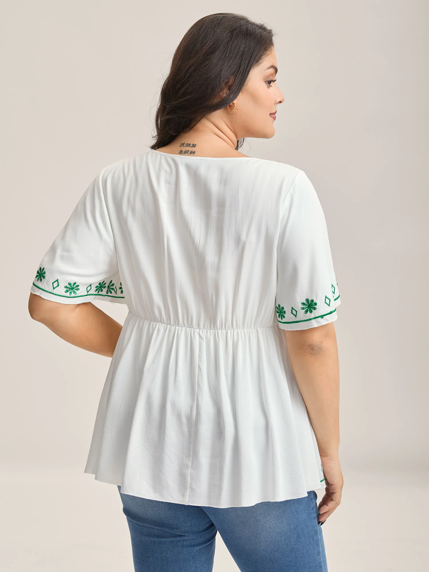 Floral Embroidery Flared Flowy Blouse