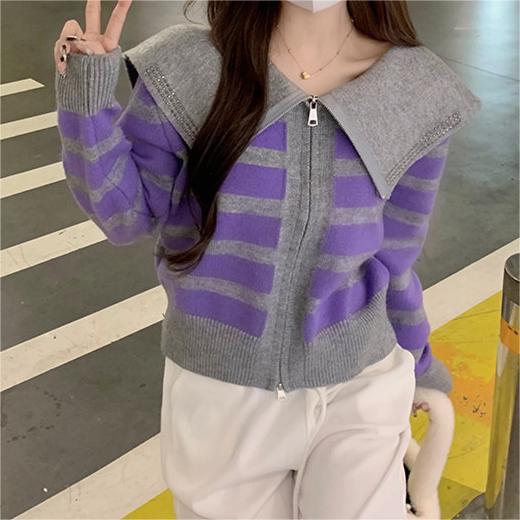 Sailor Collar Striped Sweater Coat with Niche Design and Hot Drilling Details
