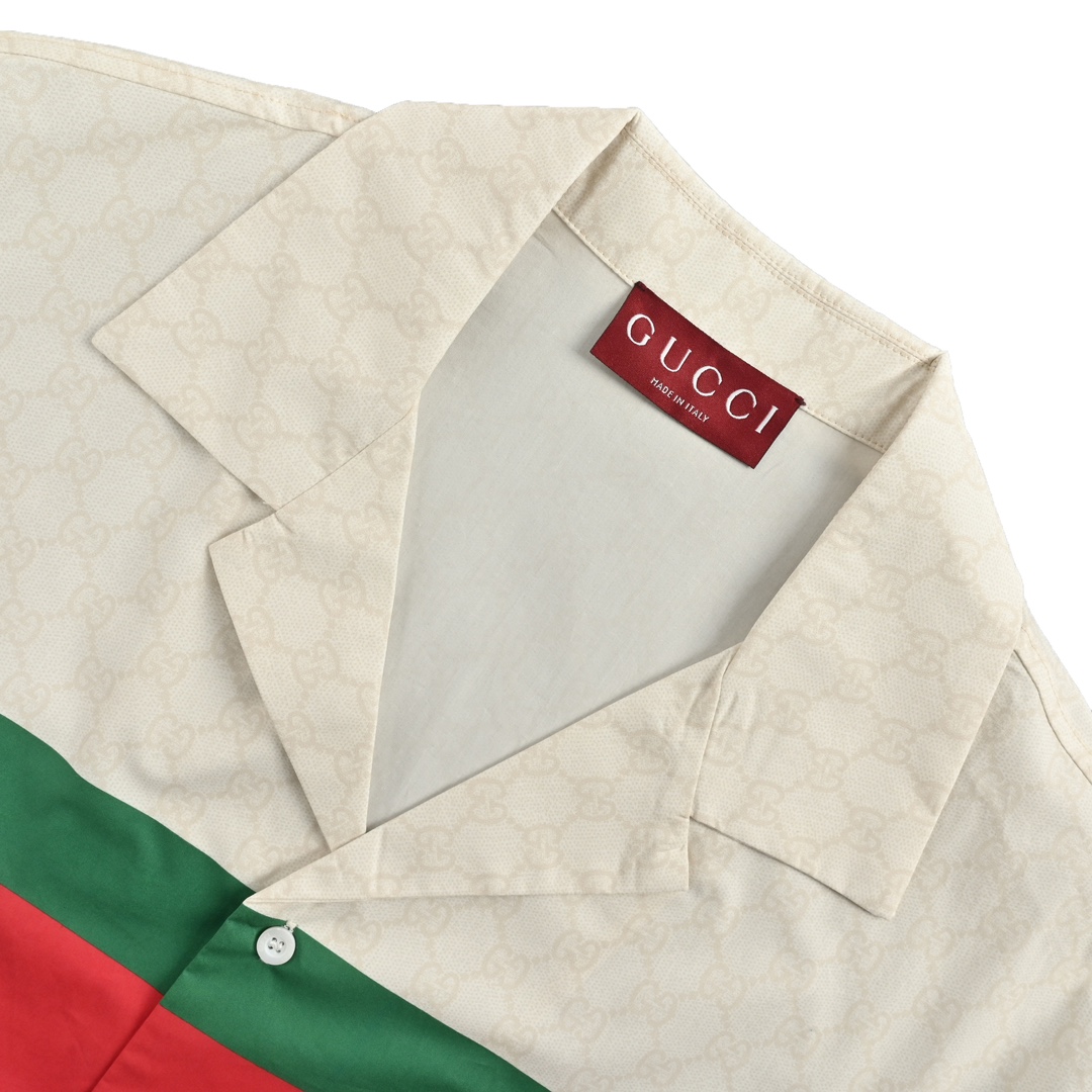 Gucci 24ss full print jacquard 1921 red and green striped short-sleeved shirt