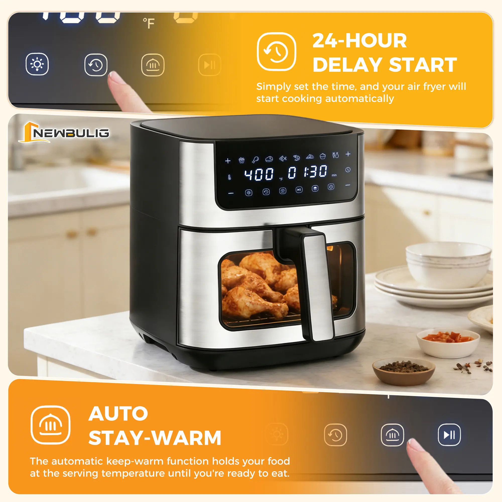 6.34QT Air Fryer with Window 8 Food Presets 400°F Max Heat 90-Min Timer Nonstick Dishwasher-Safe Basket for Air Fry Roast Reheat Bake Stainless Steel