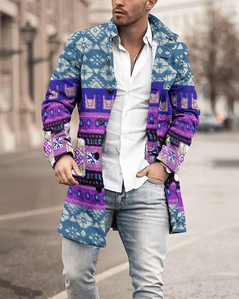 Purple Vintage Ethnic Style Pattern Lapel Mid Length Coat