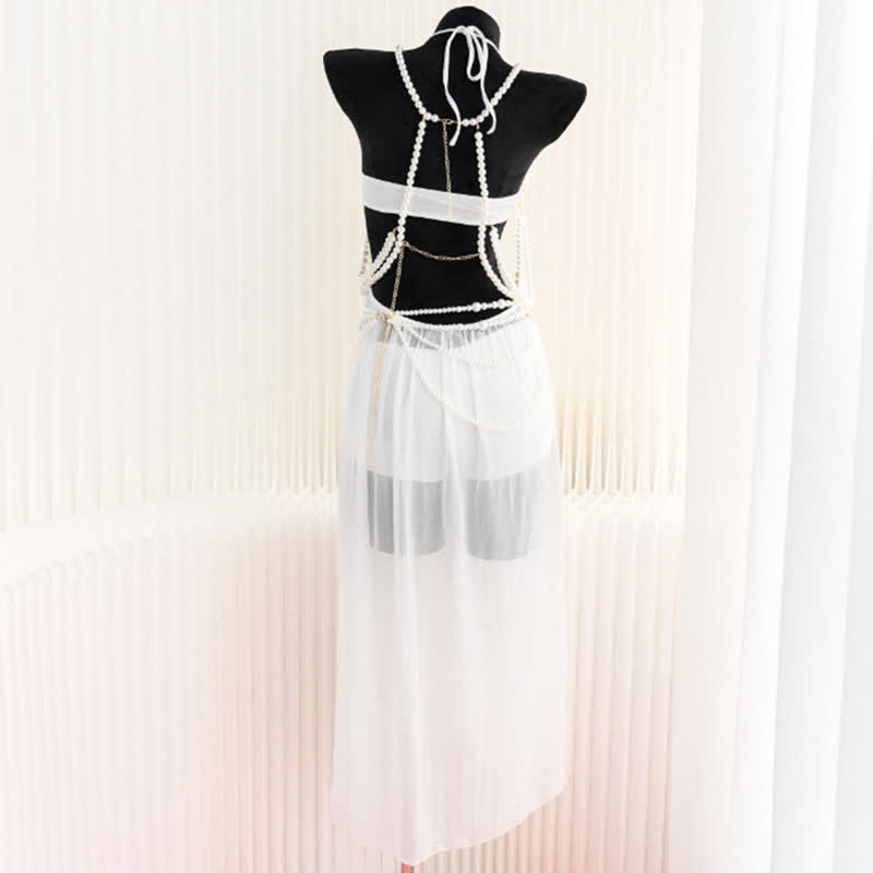 Hollow out See-through Backless Pearl String Slit Lingerie Dress