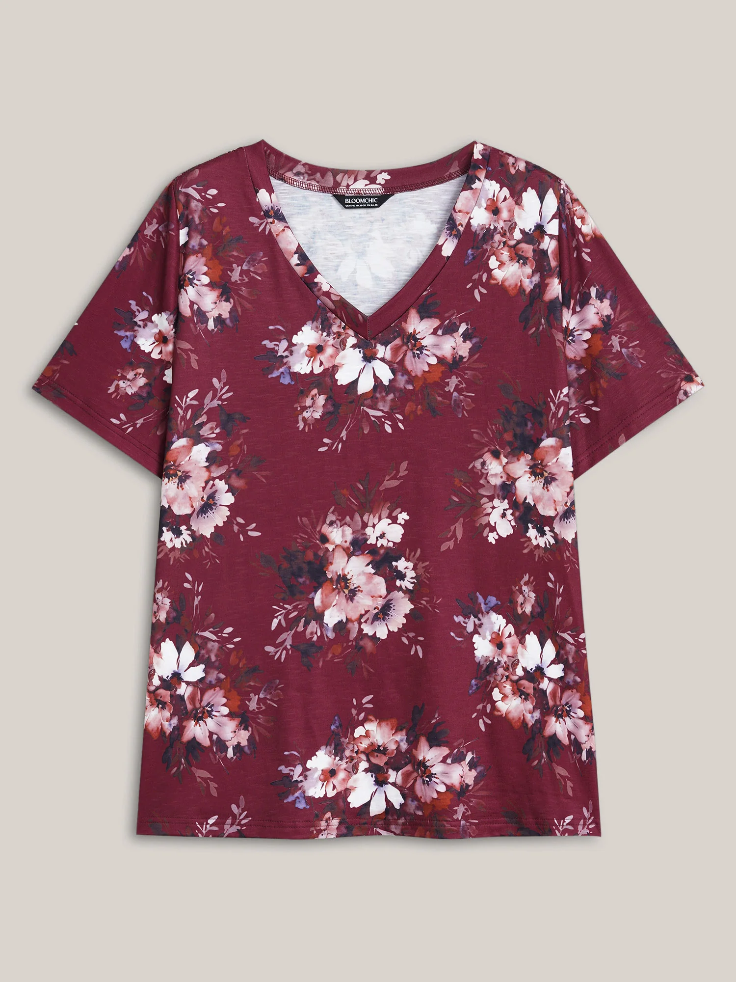 Floral Print V Neck Stretchy T-shirt