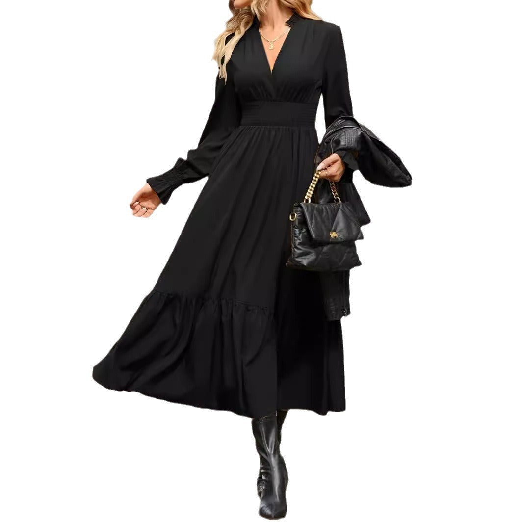Women's V-neck Lantern Long Sleeve Fashion Dress
