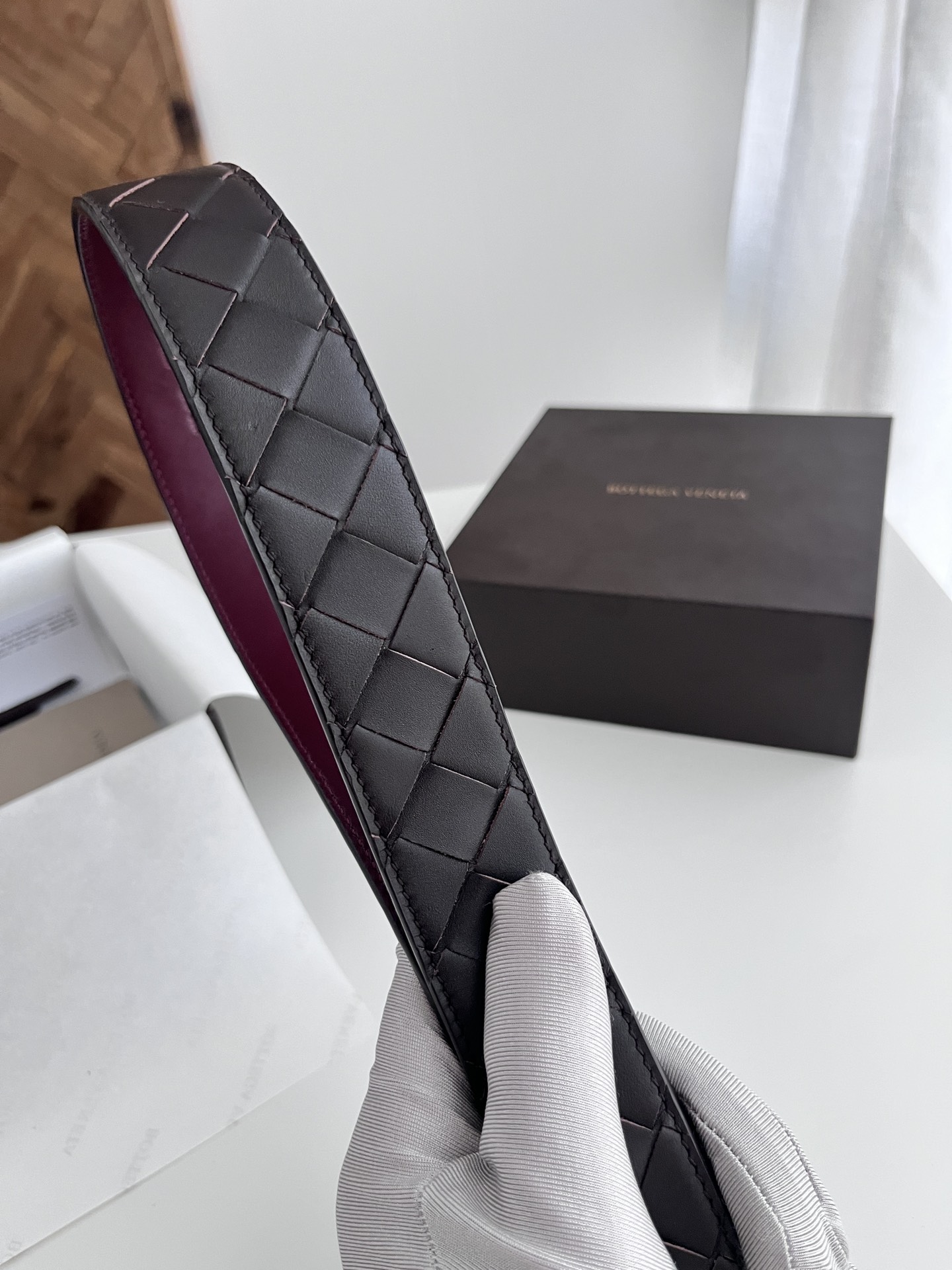 Bottega Veneta woven leather belt with rotating pin buckle, 3.5cm wide