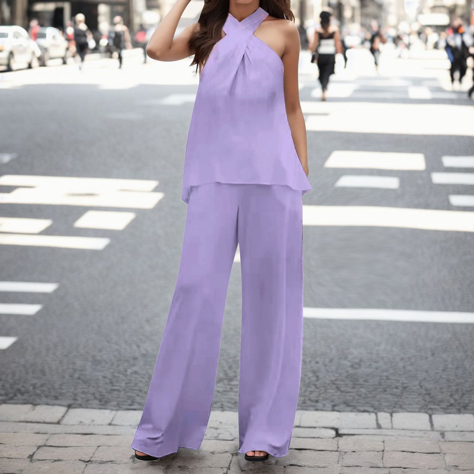 Solid Color Sleeveless Halter Top with V-neck and Elastic Waist Wide Leg Pants