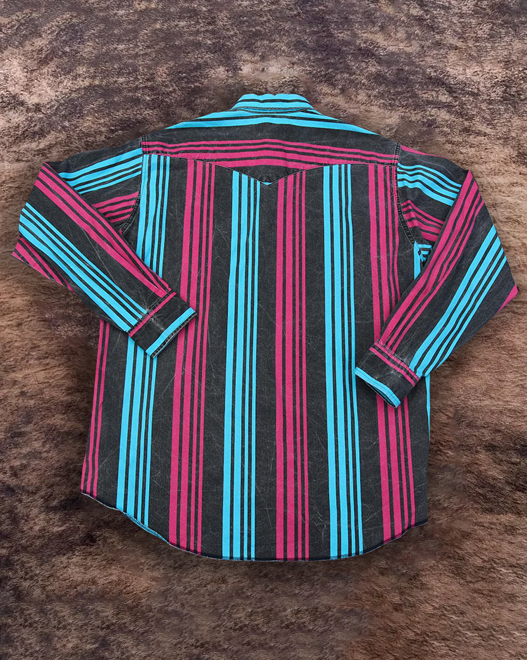 Men's Retro Casual Blue and Red Striped Shirt