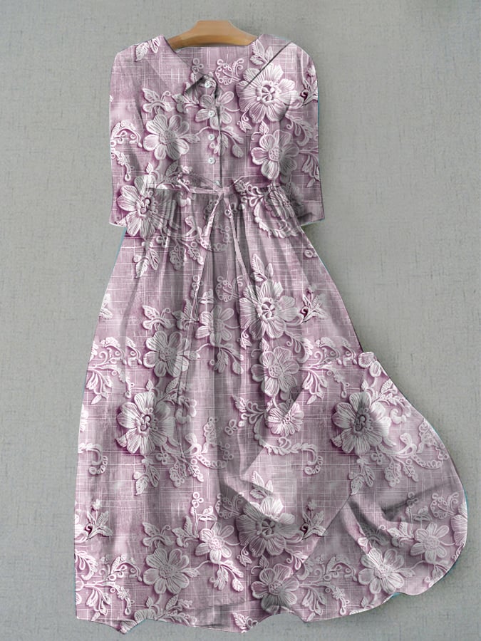 Women's Casual Floral Embroidery Print Lace-Up Dress