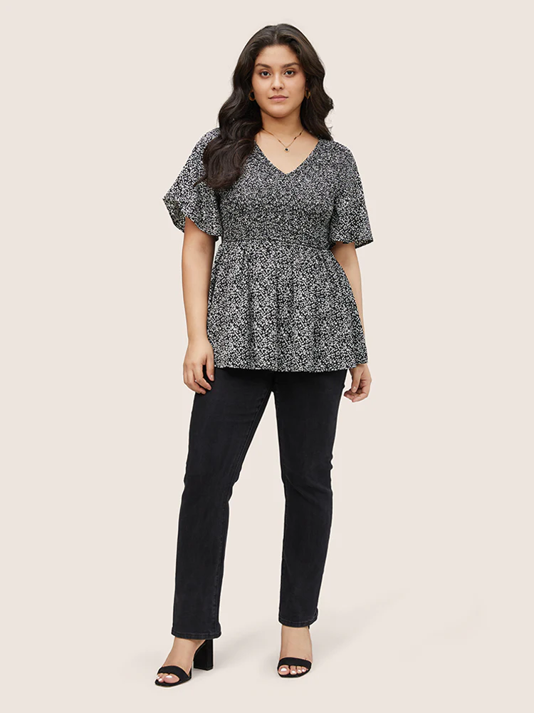 Ditsy Floral Shirred Ruffle Sleeve Elastic Waist Blouse