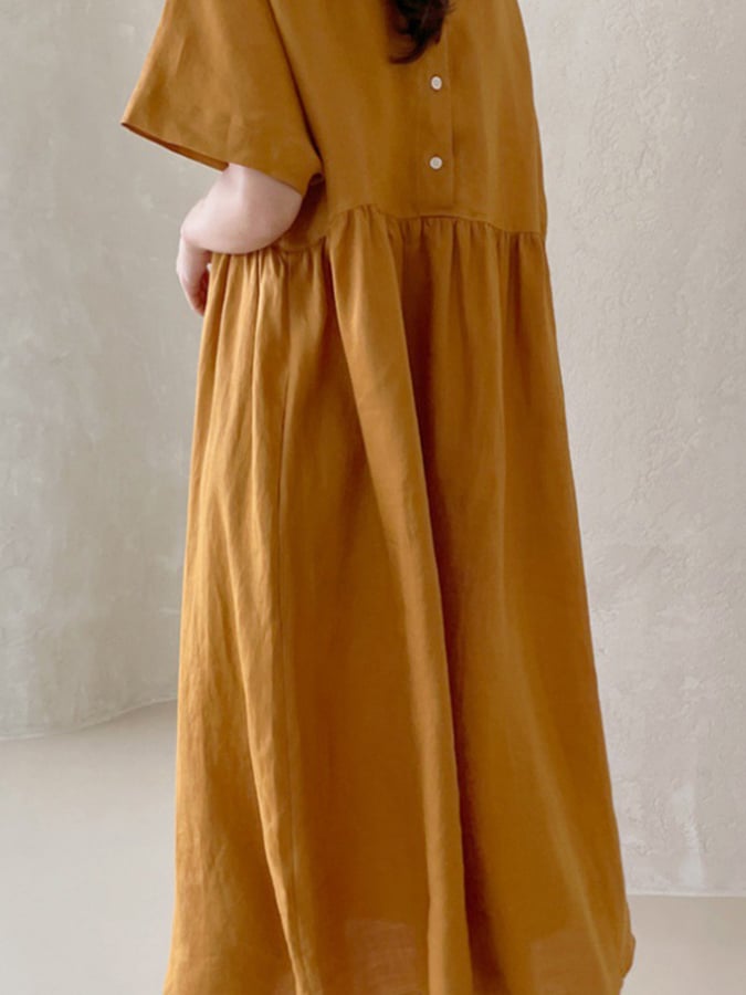 Women's Solid Color Buttoned Design Loose Cotton And Linen Casual Dress
