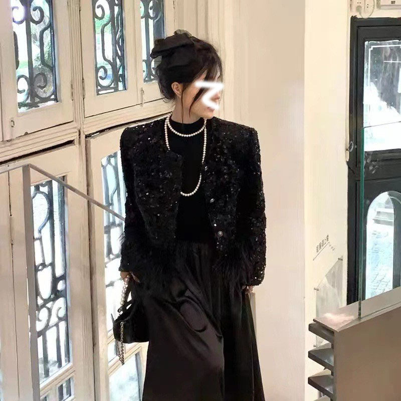 Fashion Sequin Ostrich Hair Coat Top with Hook for Women