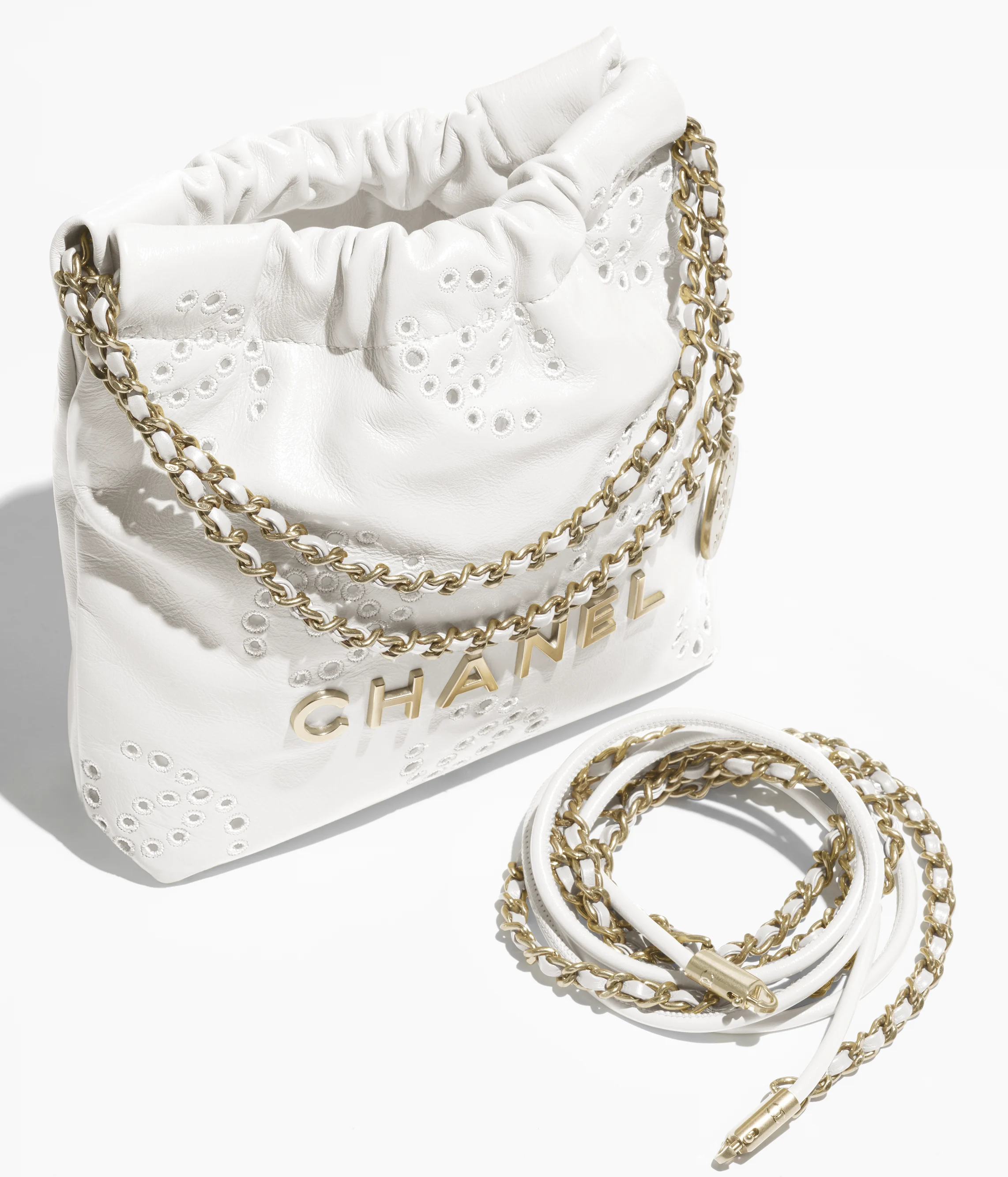 CHANEL 22 Mini Handbag Shiny Calfskin & Gold-Tone Metal White AS3980-B19648-10601