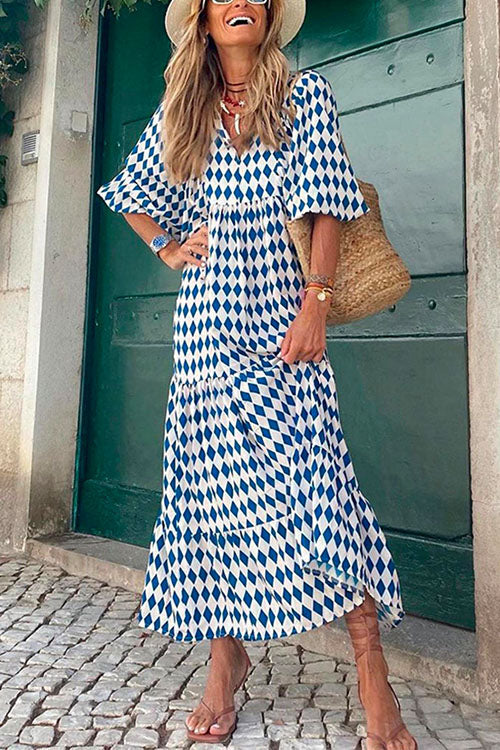 Heididress Puff Sleeve Geometry Printed Swing Dress