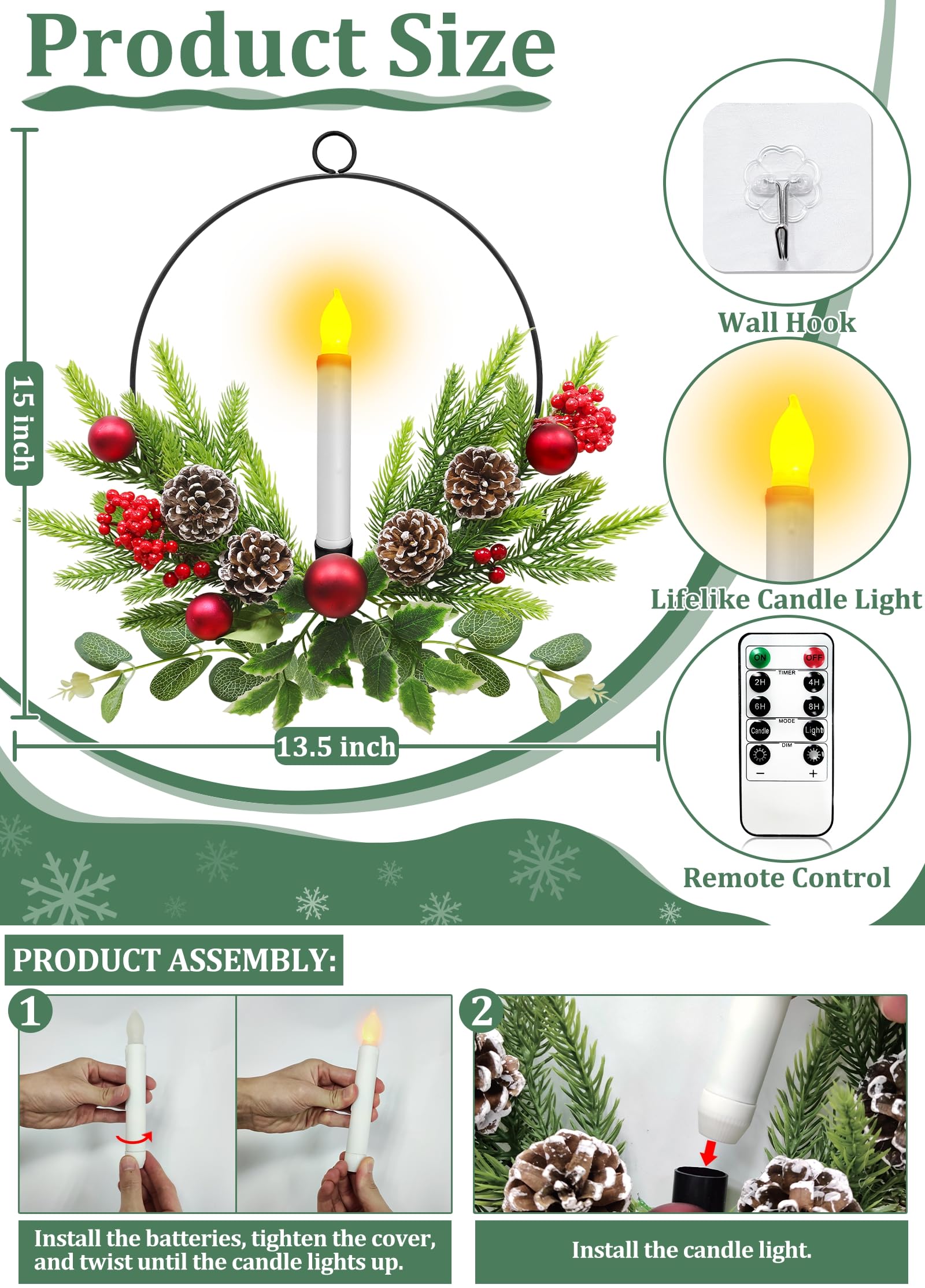 🎄CHRISTMAS ON SALE🎄Christmas Front Door & Window Wreaths with LED Candles & Timer Remote