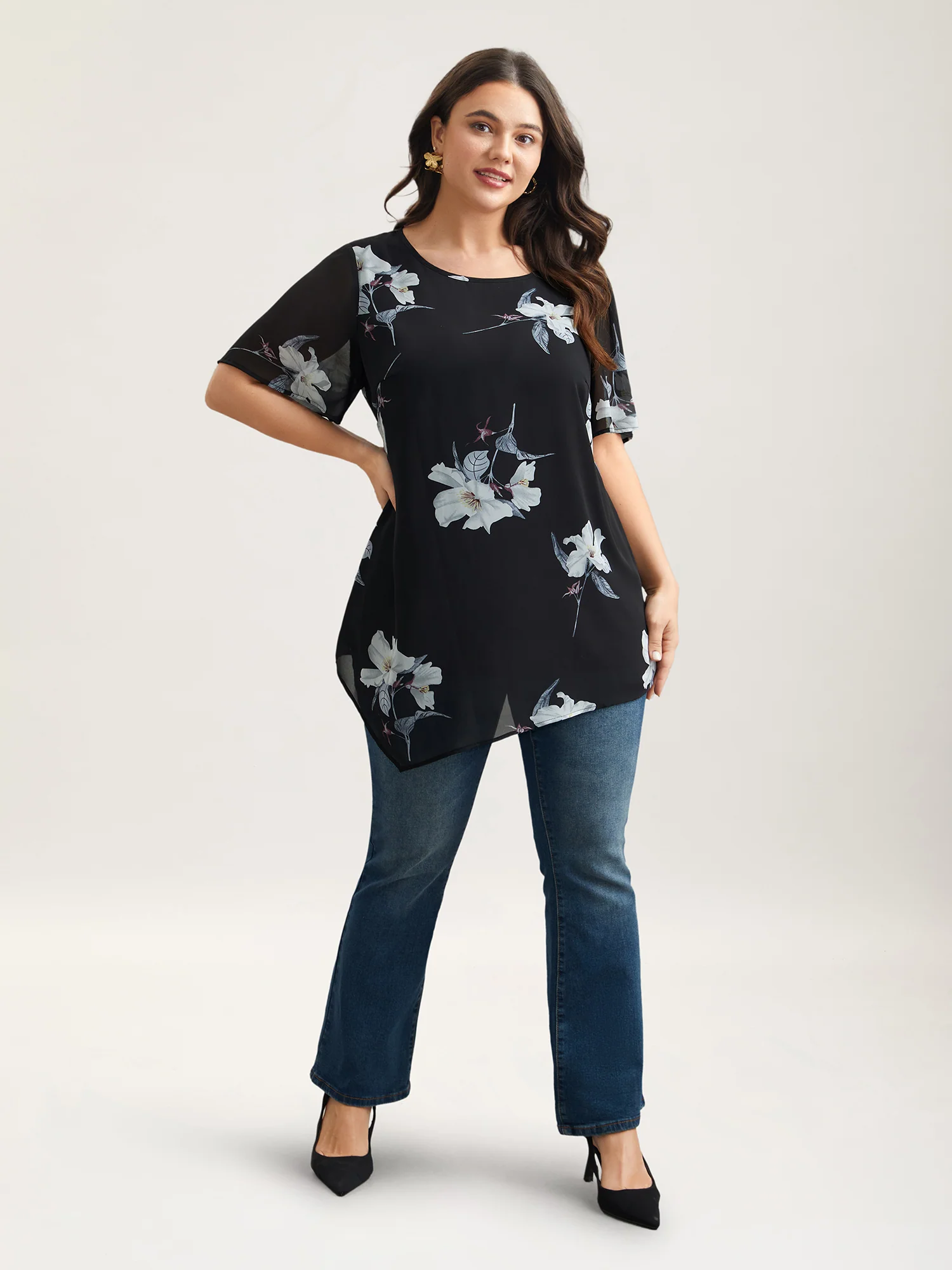 Chiffon Floral Round Neck Shirt