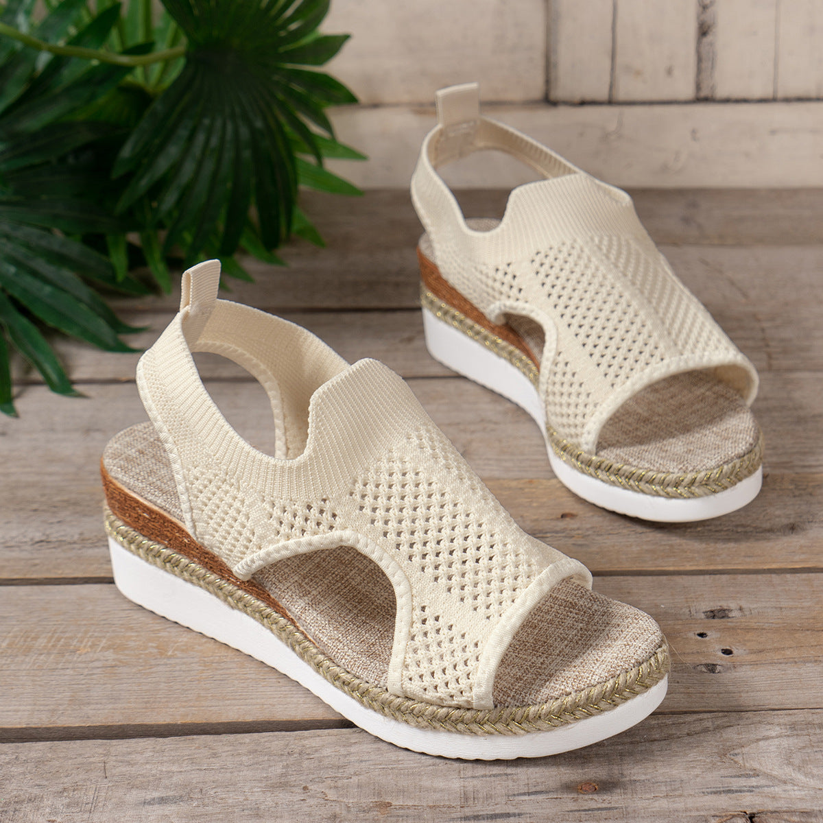 New Hollow Wedges Sandals: Summer Peep-Toe Fly Woven Mesh Shoes for Women