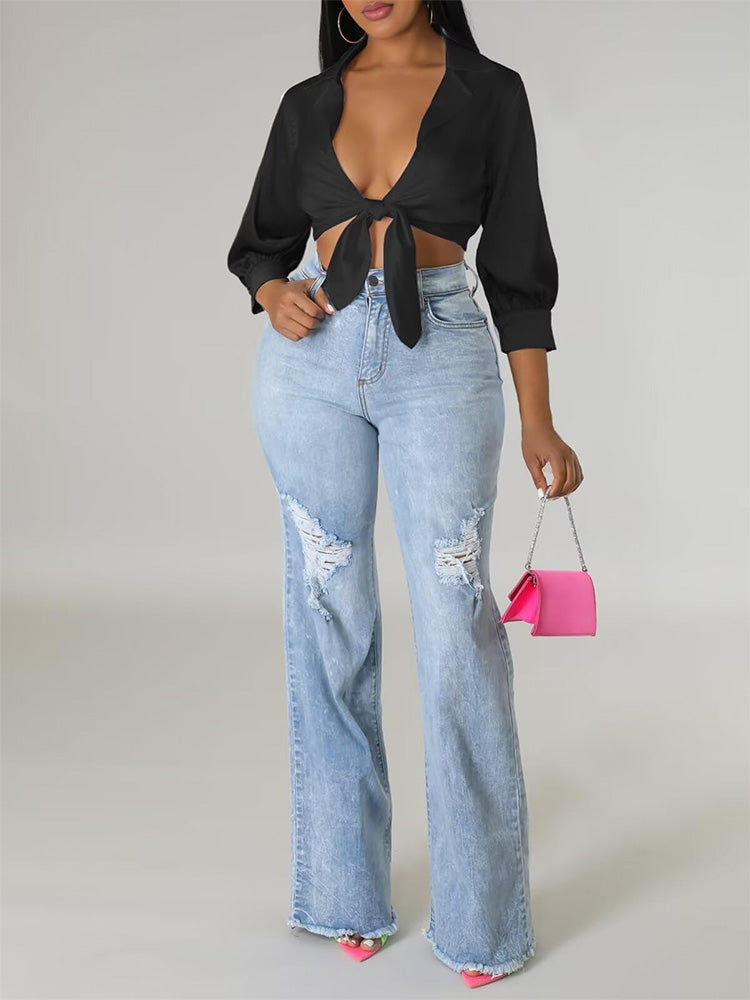 Satin Lapel Tie Front Top