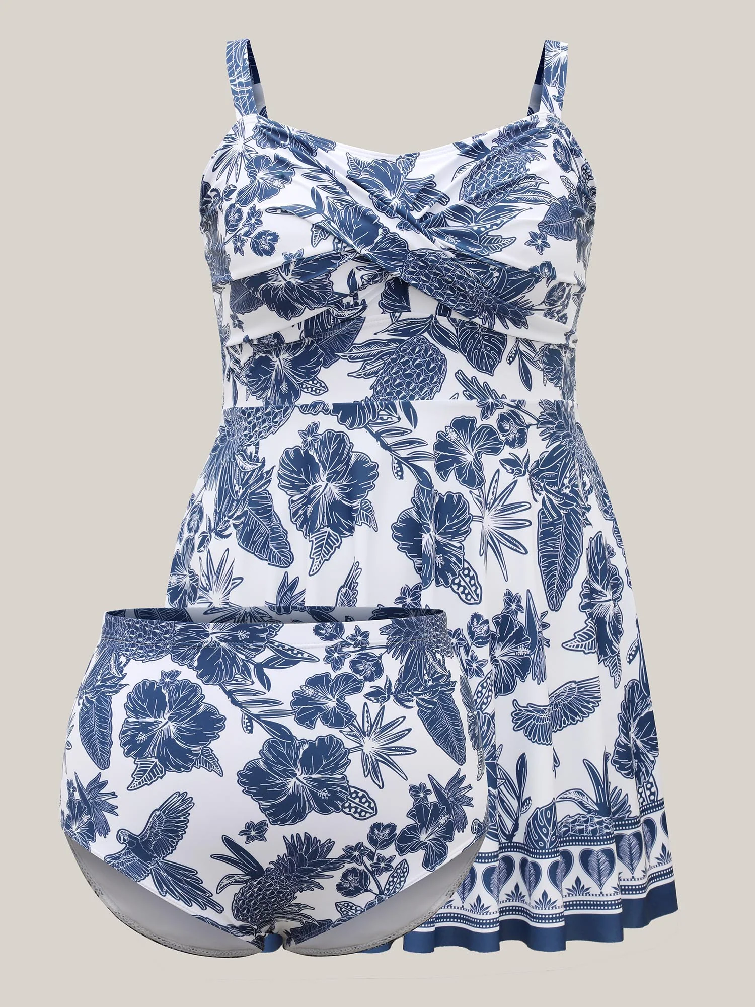 Tropical Print Twist Front Swim Dress