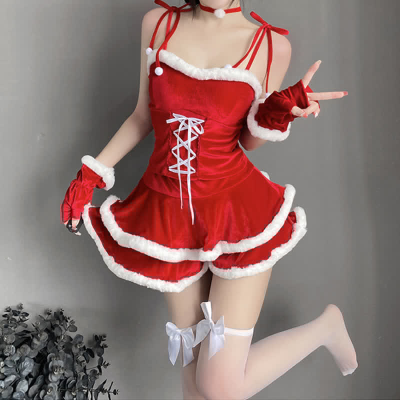 Christmas Bunny Ears Hooded Cloak Velvet Lingerie Set