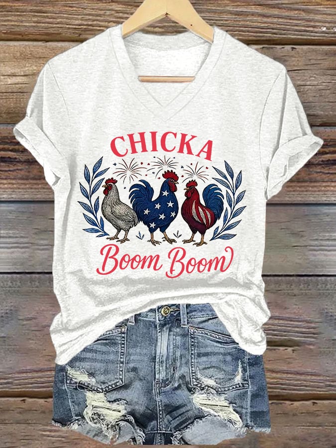 Women's Chicka Boom Boom Patriotic Rooster Print T-shirt
