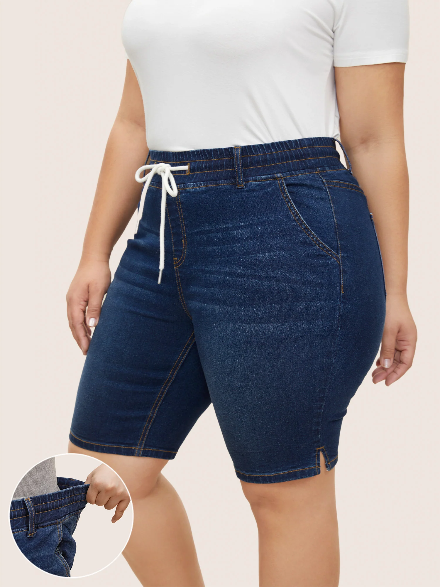 Dark Wash Drawstring Slit Hem Denim Shorts
