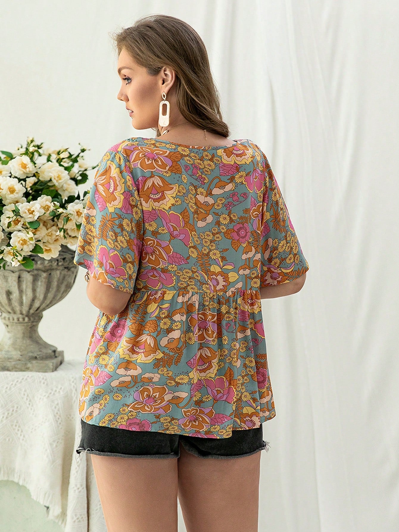 Plus Size Bohemian Lace Multi Color Shirt V neck Women Clothing