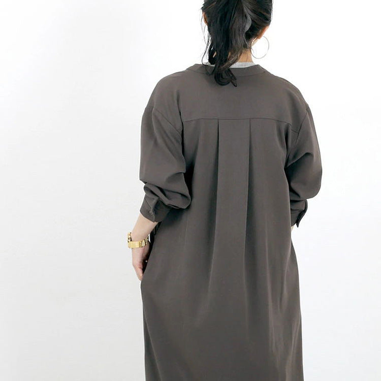 Autumn Winter Shirt Base Dress Women Solid Color Loose Casual V neck Maxi Dress