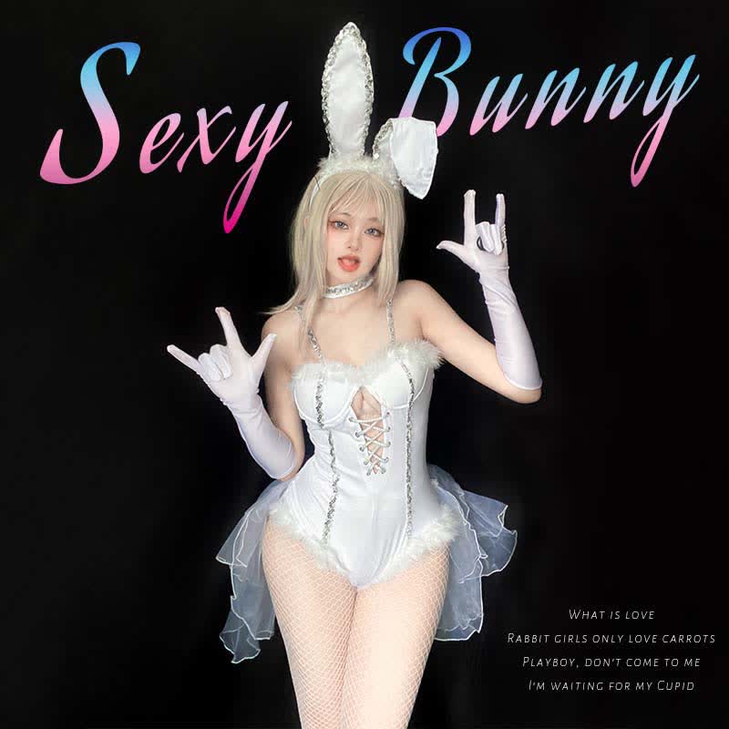 Cosplay Bunny Ears Lace Jumpsuit Lingerie Fishnet Stockings Set