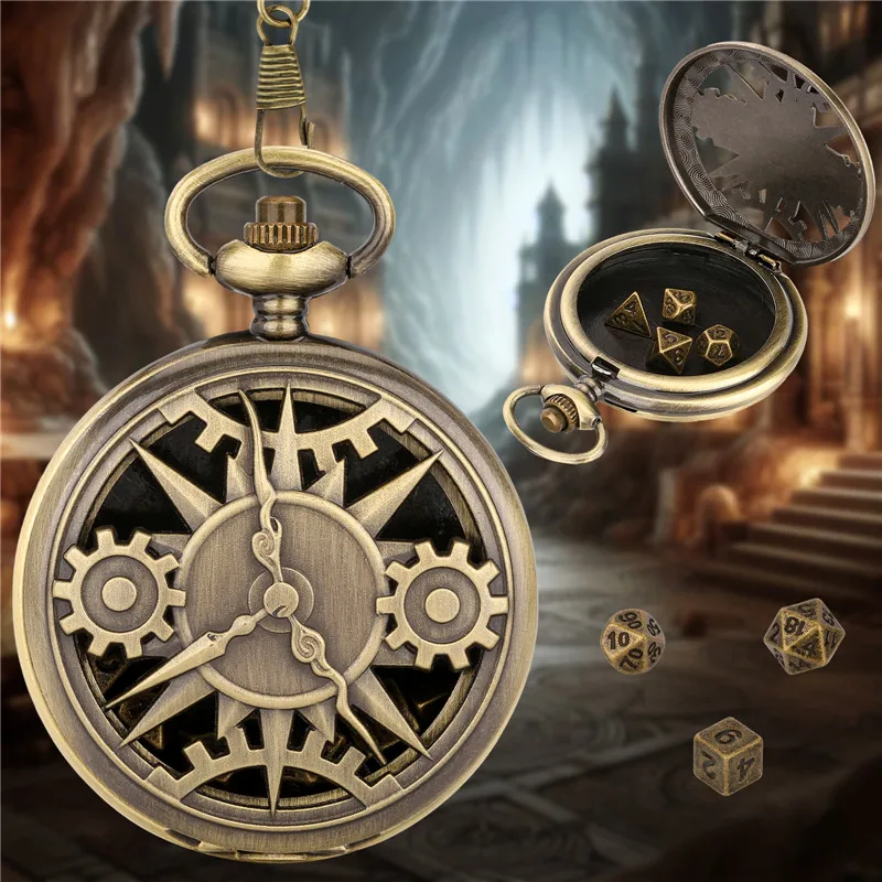 Steampunk Hollow Gear Cover Pocket Watch Case with 7pcs/set Metal Polyhedral Dices Pendant FOB Chain Gaming Accessory Gift