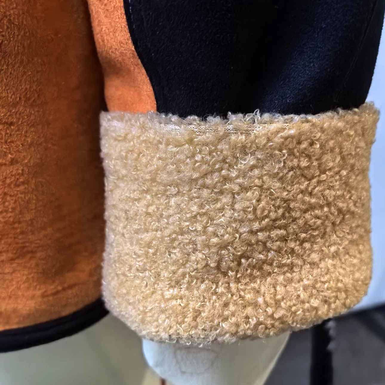 Men's Vintage Suede Brown Black Color Block Lapel Shearling Jacket Coat